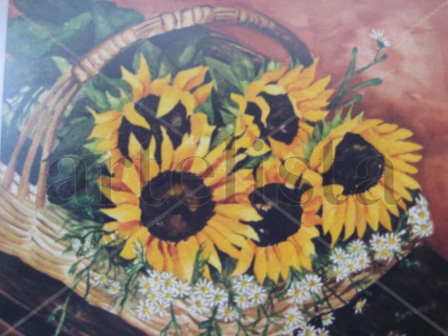 Canasta de Girasoles Watercolour Paper Floral Painting