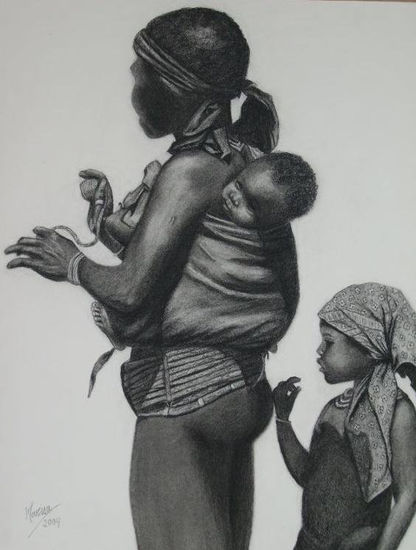 Africana con niños Grafito Cartulina Figura