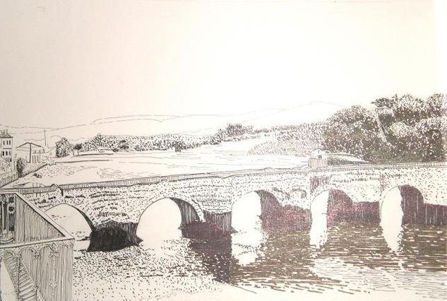 Puente románico Rotulador Papel Paisaje