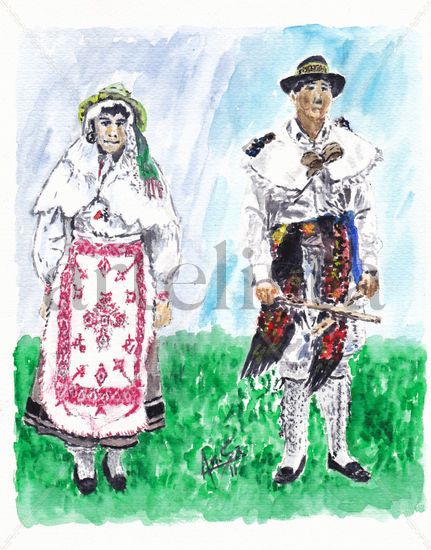 "TRAJES REGIONALES DANZANTES DE CORPORALES (La Cabrera-León)" Watercolour Paper Figure Painting