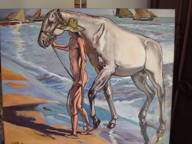 niño y caballo saliendo del mar Oil Canvas Others