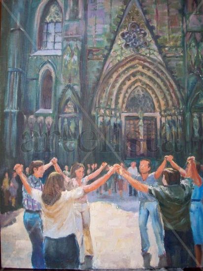 bailando frente a la catedral Oil Panel Figure Painting