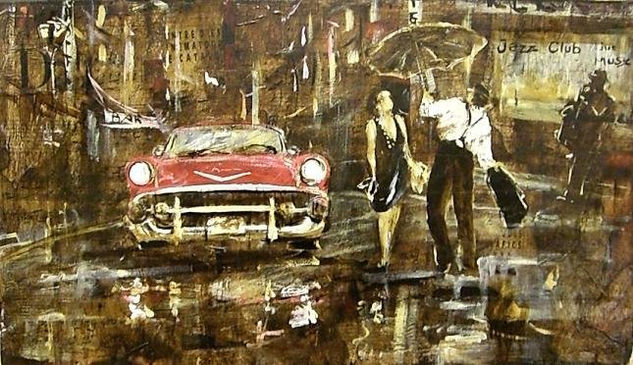 la pareja del coche rojo Oil Panel Landscaping