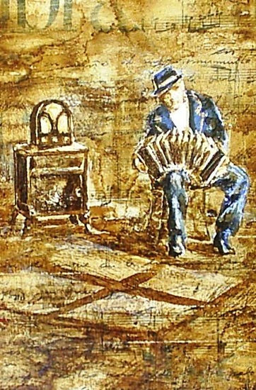 bandoneón azul y  radio capilla Mixed media Panel Figure Painting