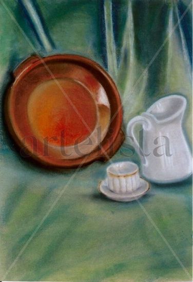 Cazuela con Jarra y Taza Pastel Paper Still Life Paintings