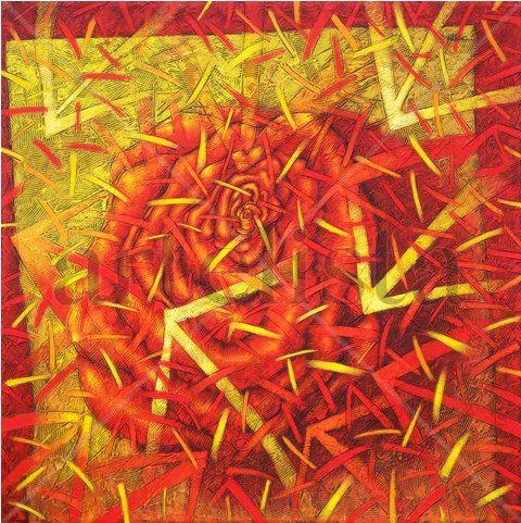 Rosso Di Fiore Chiaro I Mixed media Textile Floral Painting