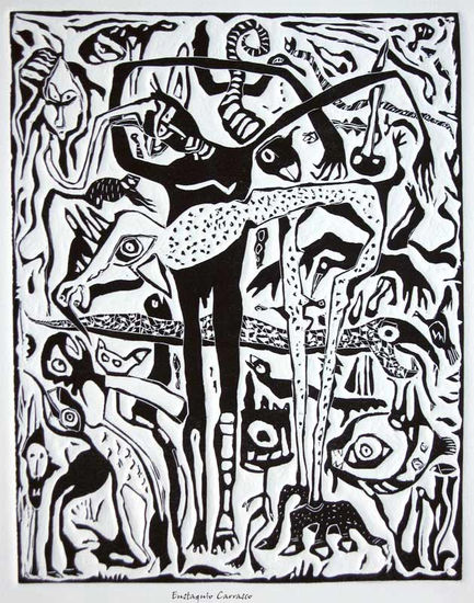 Personaje rodeado de animales, (Character surrounded by animals) Linograbado