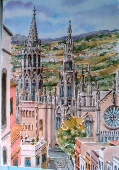 Ciudad de Arucas Watercolour Card Landscaping