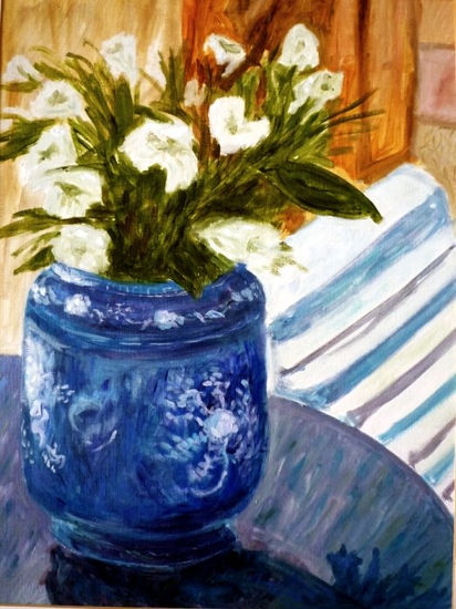 Jarrón Azul Oil Paper Floral Painting