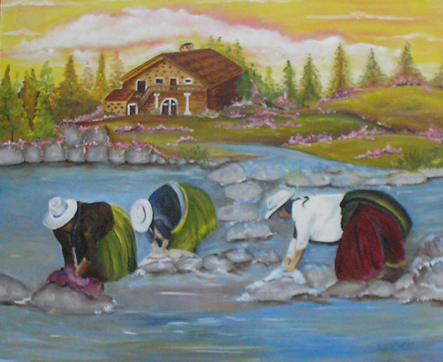 Las cholitas lavanderas Oil Canvas Landscaping