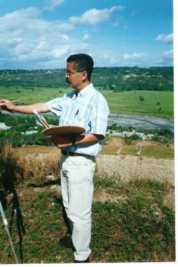 EL ARTISTA PLÁSTICO VENEZOLANO ING. FREDDY G. PEÑA  PINTANDO AL AIRE LIBRE. Naturaleza Blanco y Negro (Digital)