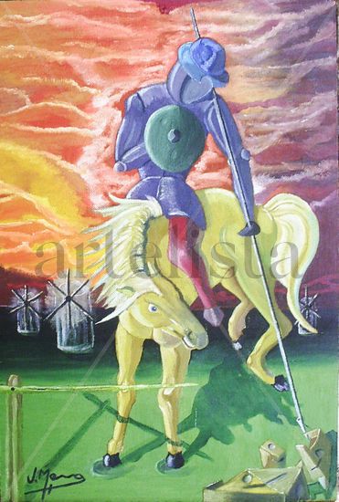 Don Quijote en la Tormenta Oil Panel Figure Painting