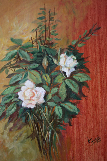 DOS SENCILLAS  ROSAS . Oil Panel Floral Painting