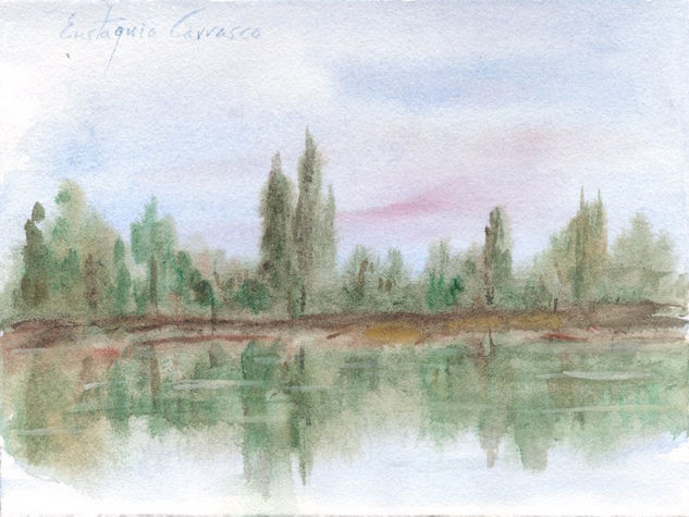 Árboles en la orilla del río, (Trees on the riverbank) Acuarela Papel Paisaje