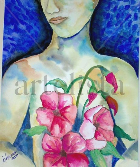 Mujer con Flores Watercolour Paper Floral Painting