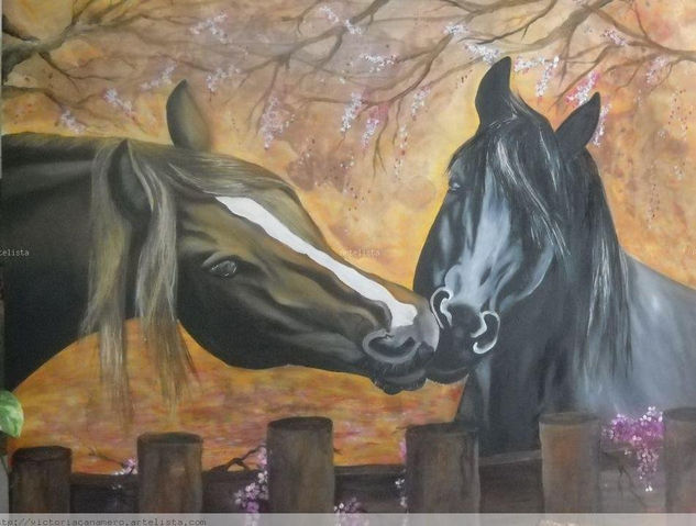 CABALLOS ENAMORADOS Óleo Tabla Animales