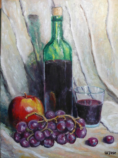 "Botella con vino,manzana y uva" Oil Canvas Still Life Paintings