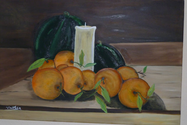 BODEGON de Naranjas  Vela y Sandia Oil Canvas Still Life Paintings