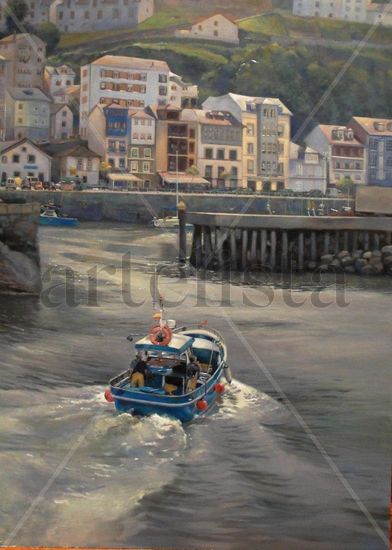 Luarca, vuelta de pesca. Oil Panel Marine Painting