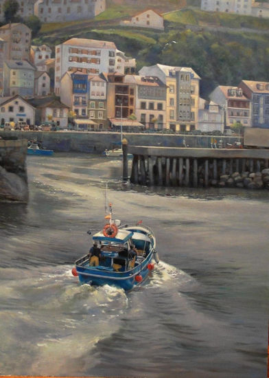 Luarca, vuelta de pesca. Oil Panel Marine Painting