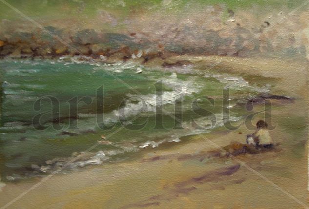 Niño en la playa, estudio Oil Panel Marine Painting