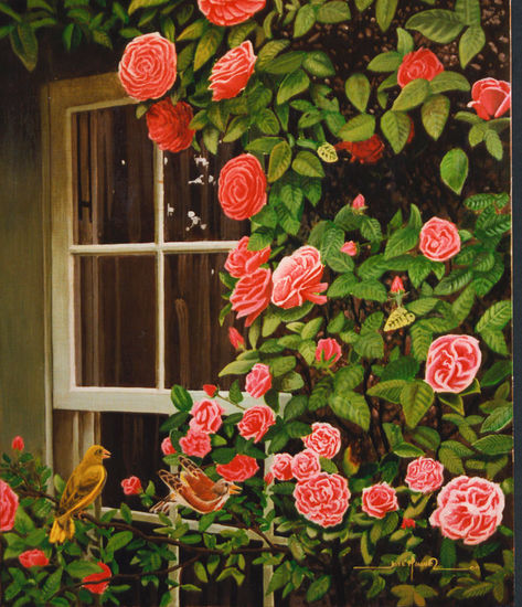 ventana con rosas Acrílico Tabla Paisaje