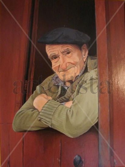 El abuelo Patxi Oil Panel Figure Painting