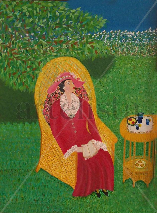 DAMA TOMANDO EL TE EN EL PARQUE