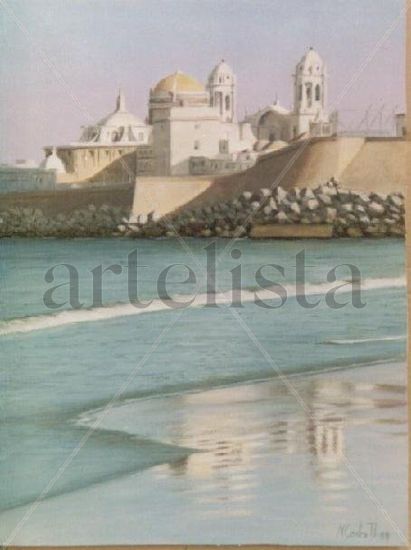 PLAYA SANTA MARIA DEL MAR - CATEDRAL Óleo Tabla Paisaje