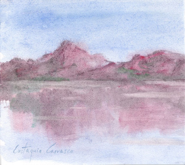 Paisaje y lago de Tersalias Acuarela Papel Paisaje