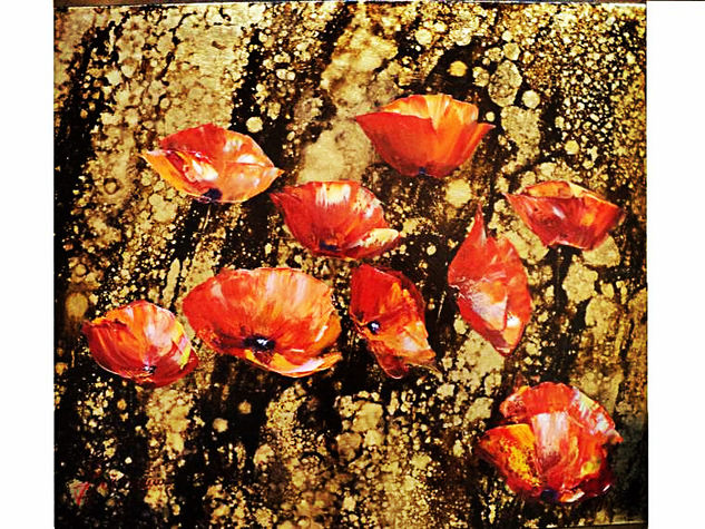 POPPIES IN GOLD Oil Textile Landscaping