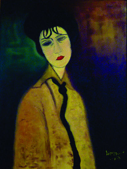 Tributo a Modigliani "La muchacha de la corbata negra" Óleo Lienzo Retrato