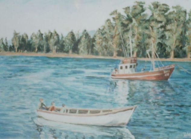 RIO MAULE, DE FONDO ISLA ORREGO ,( Eduardo Ramírez, Talca, chile )) Acrylic Card Marine Painting