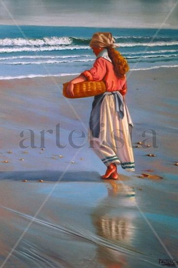 Marisquera en la playa Oil Canvas Marine Painting