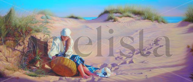 Mujer dunas descansando con cestas Oil Canvas Landscaping