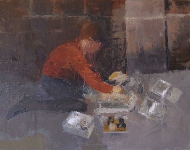 Artista trabajando en la calle Montcada- 65X54 cm.