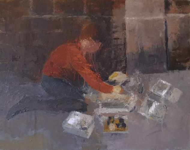 Artista trabajando en la calle Montcada- 65X54 cm. Óleo Lienzo Figura