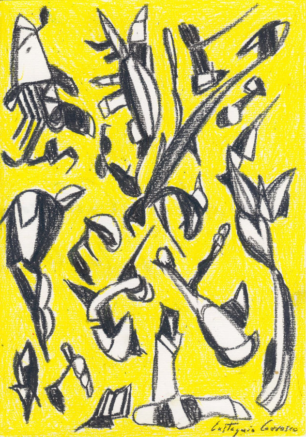 Elementos voladores en negro sobre aire amarillo, (Elements flying in black on yellow air)