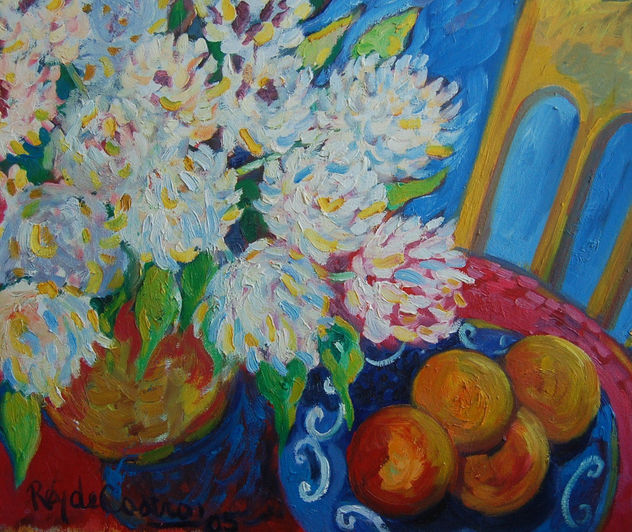 bodegon con flores y naranjas