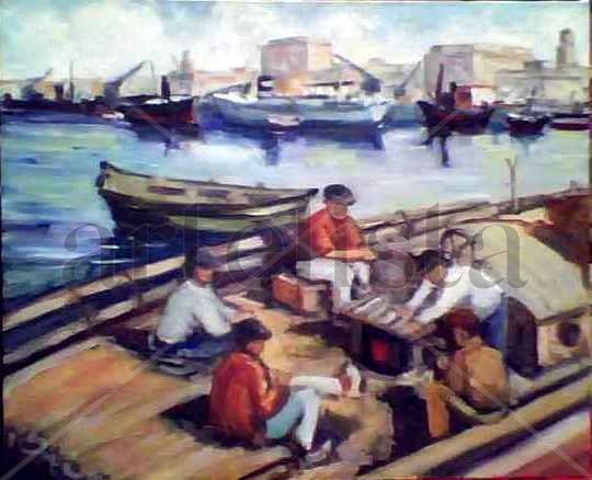 pescadores en la darsena de la coruña Oil Canvas Landscaping