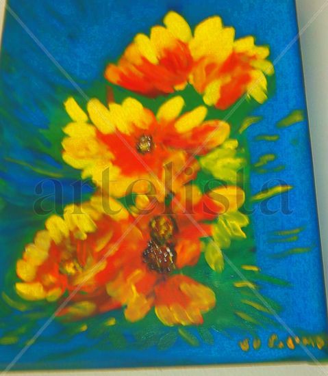 GAZANIAS SOBRE EL AZUL Oil Canvas Floral Painting