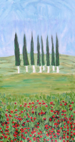 amapolas y cipreses, paisaje de la Toscana Media Mixta Lienzo Paisaje