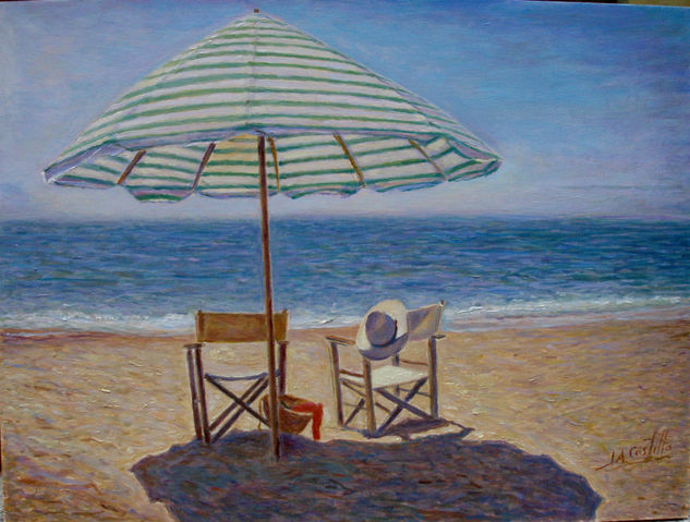 Parasol con sombrero playa de figueira da foz Oil Panel Marine Painting