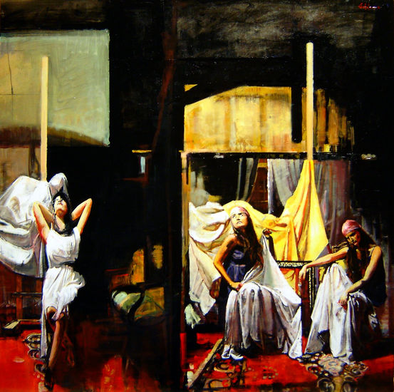 Las Tres Gitanas Oil Panel Figure Painting