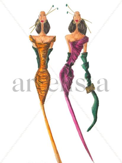 2 MUJERES ELEGANTES Acuarela Cartulina Figura