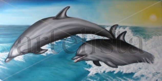 baile de delfines al amanecer Oil Canvas Animals