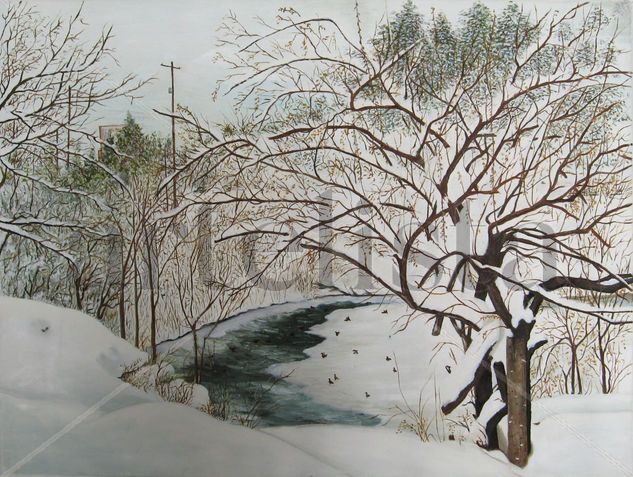 Lucky Duck Pond in Winter Oil Canvas Landscaping