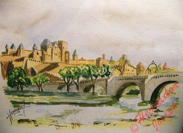 Cité médieval en Carcassonne Francia Acuarela Papel Paisaje