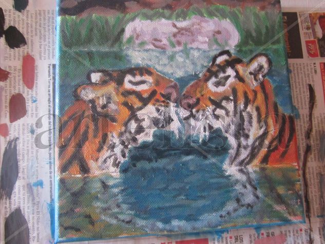 Tigres en el agua Oil Canvas Animals