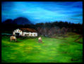Paisaje con caserío y dos vacas